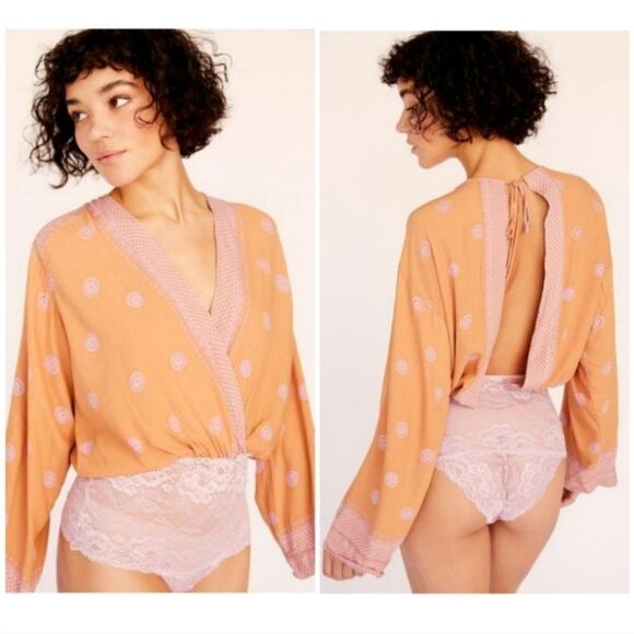 Free People On Board Bodysuit long sleeve boho flowy with lace size S - Picture 11 of 12